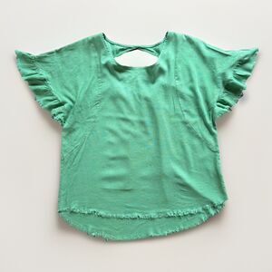 Umgee Green Linen Tunic Top Round Neck Flutter Sleeve Womens Blouse Size Medium